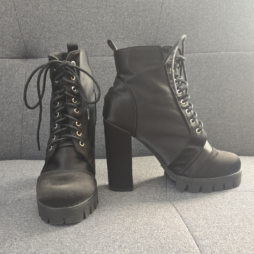 Women's Black Satin Lace-Up Platform Ankle Boots With Rubber Soles